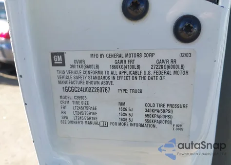 2003 Chevrolet Silverado 2500 Work Truck from USA, damaged, VIN 1GCGC24U03Z260767